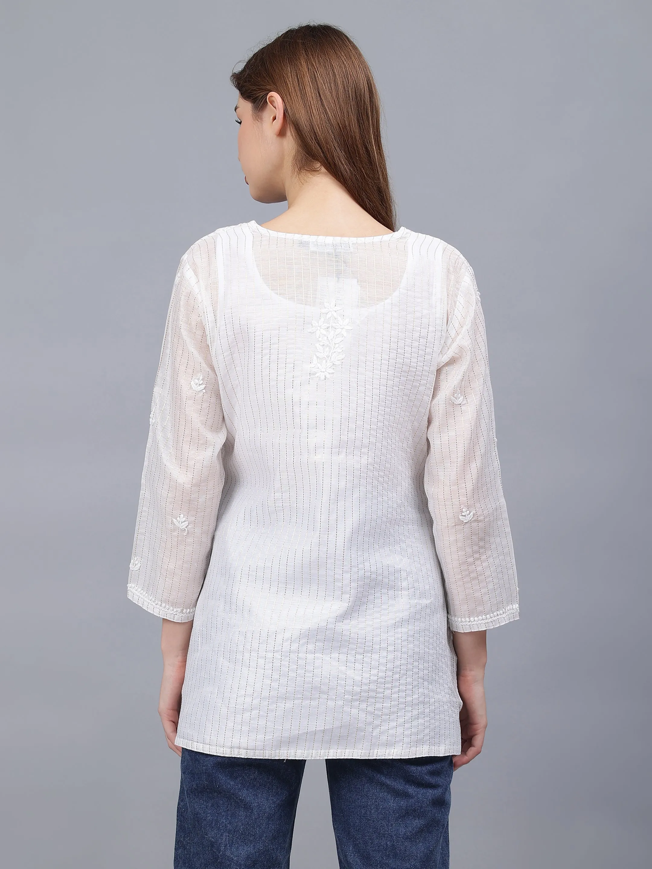 White Chanderi Embroidered Chikankari Tunic With Slip