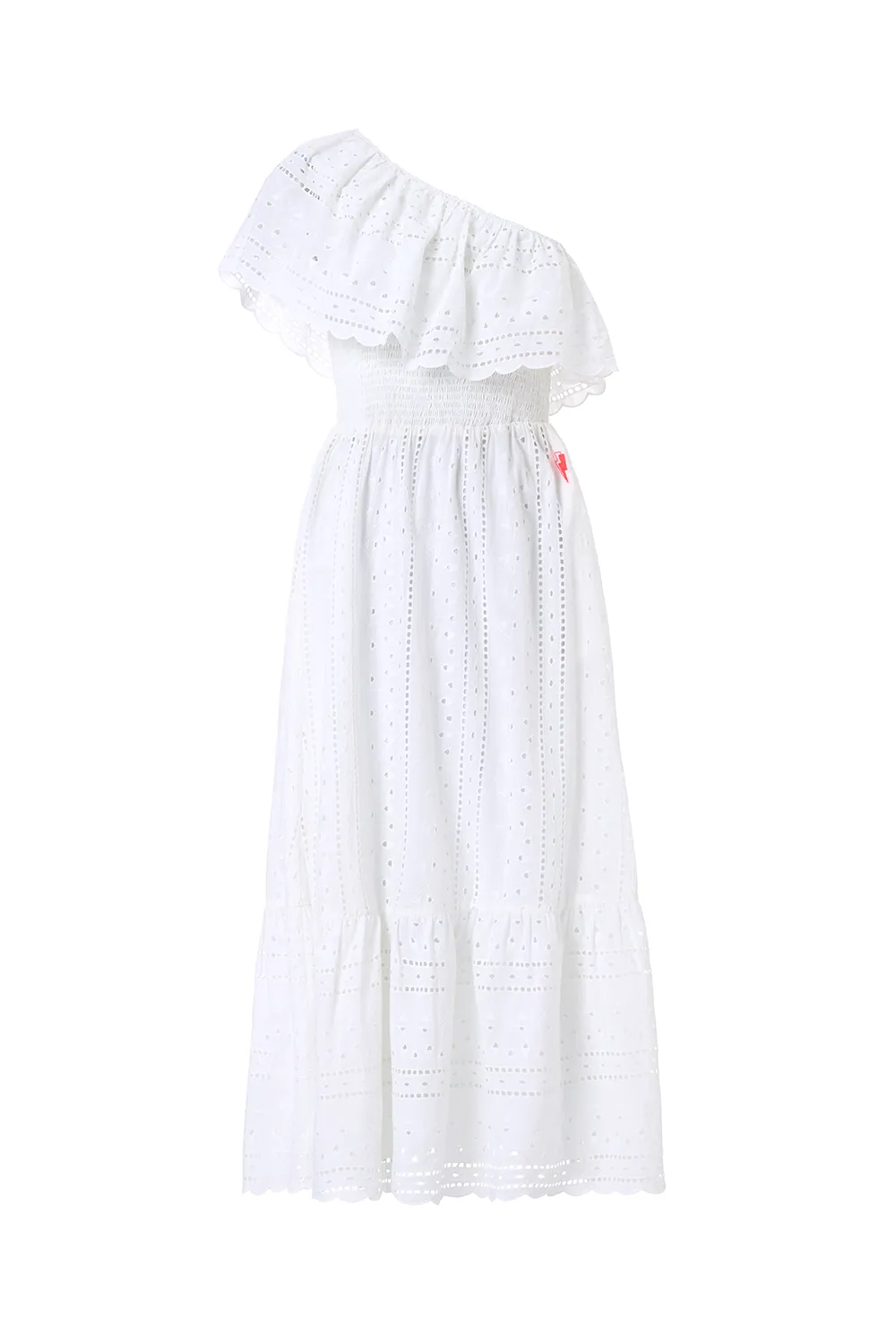 White One Shoulder Broderie Tiered Midi Dress