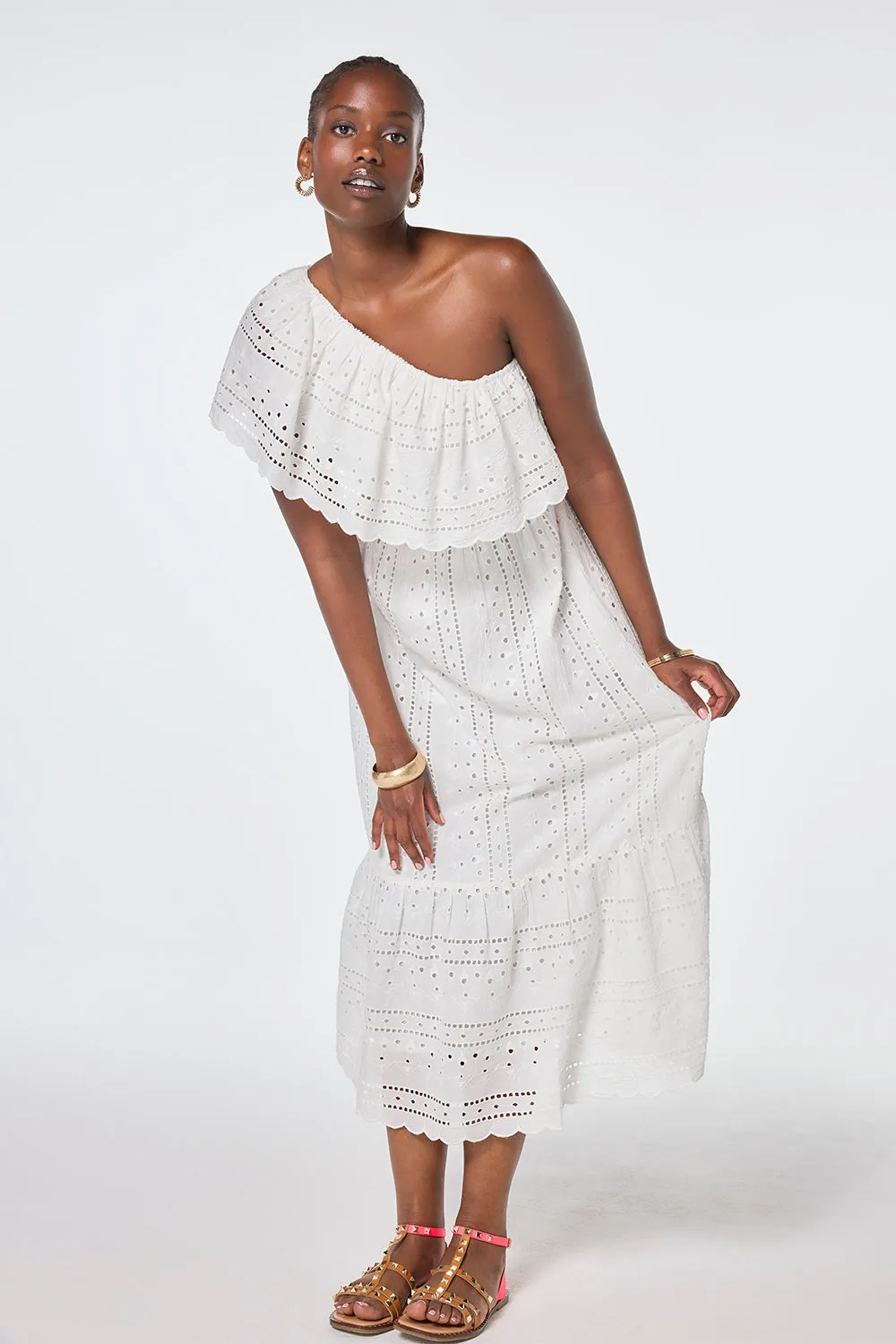 White One Shoulder Broderie Tiered Midi Dress