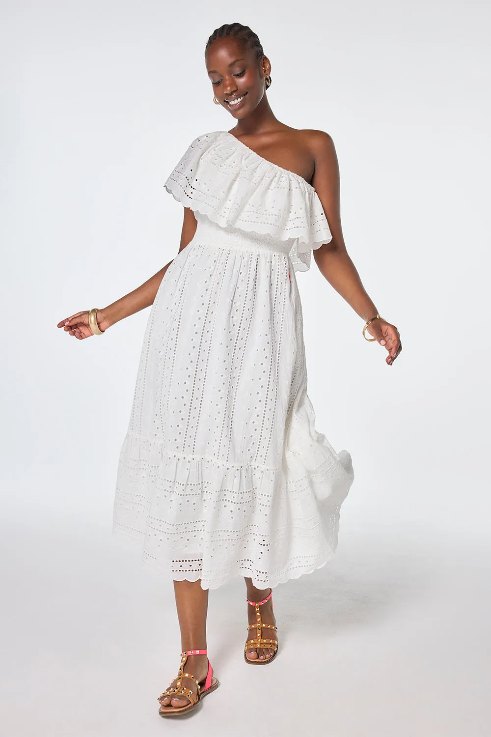 White One Shoulder Broderie Tiered Midi Dress