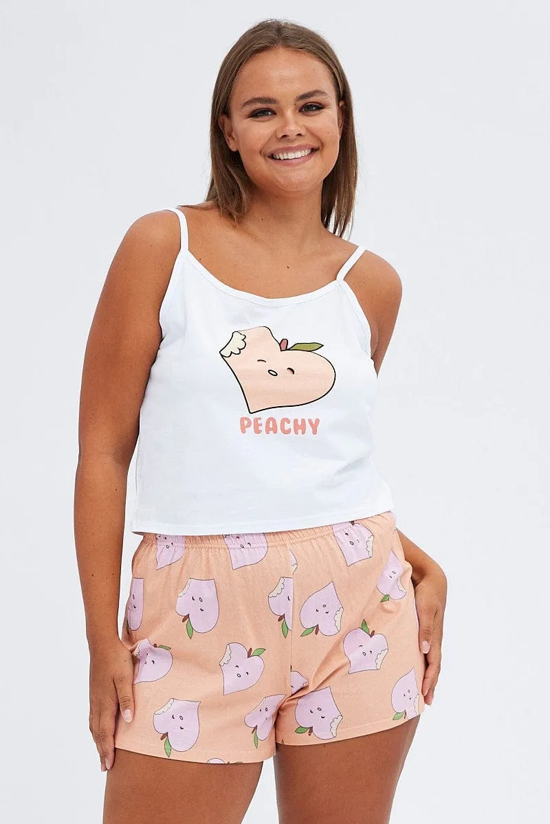 White Print Peach Pj Graphic Slogan Singlet Pyjama Set