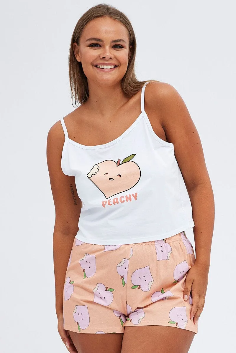 White Print Peach Pj Graphic Slogan Singlet Pyjama Set