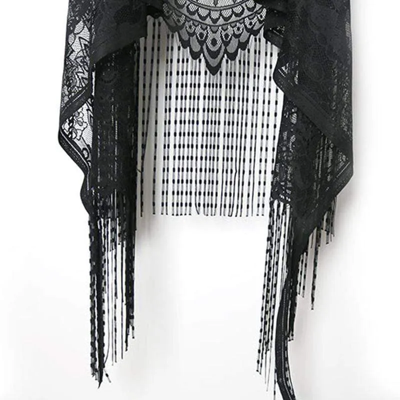 Women's Sheer Flare Lace Fringes Crochet Black Vests