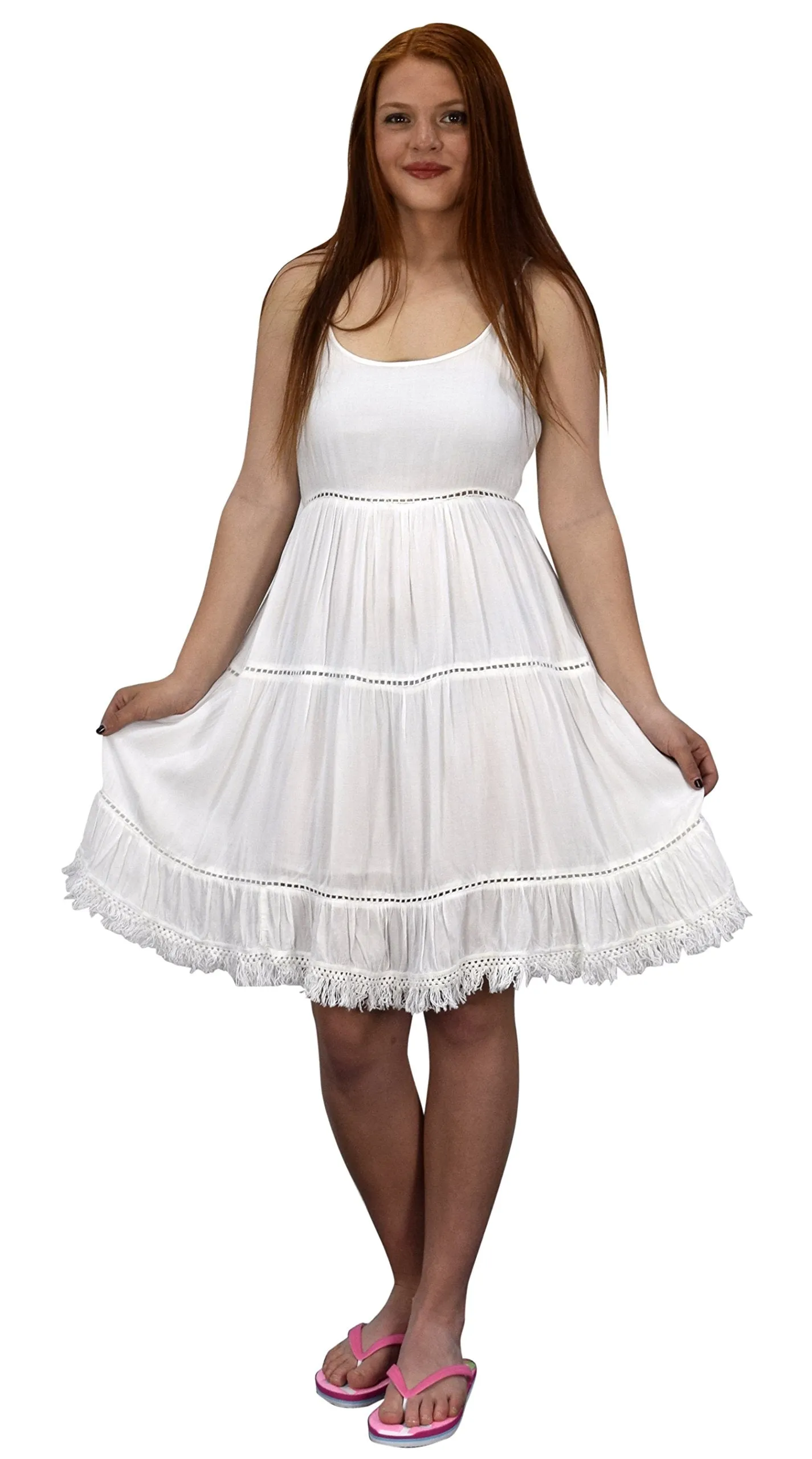 Womens Spaghetti Strap Tiered A Line Dress with Fringed Hem