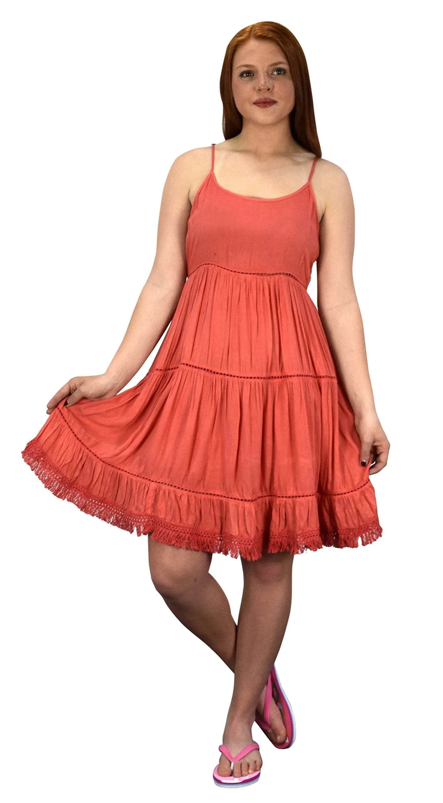 Womens Spaghetti Strap Tiered A Line Dress with Fringed Hem