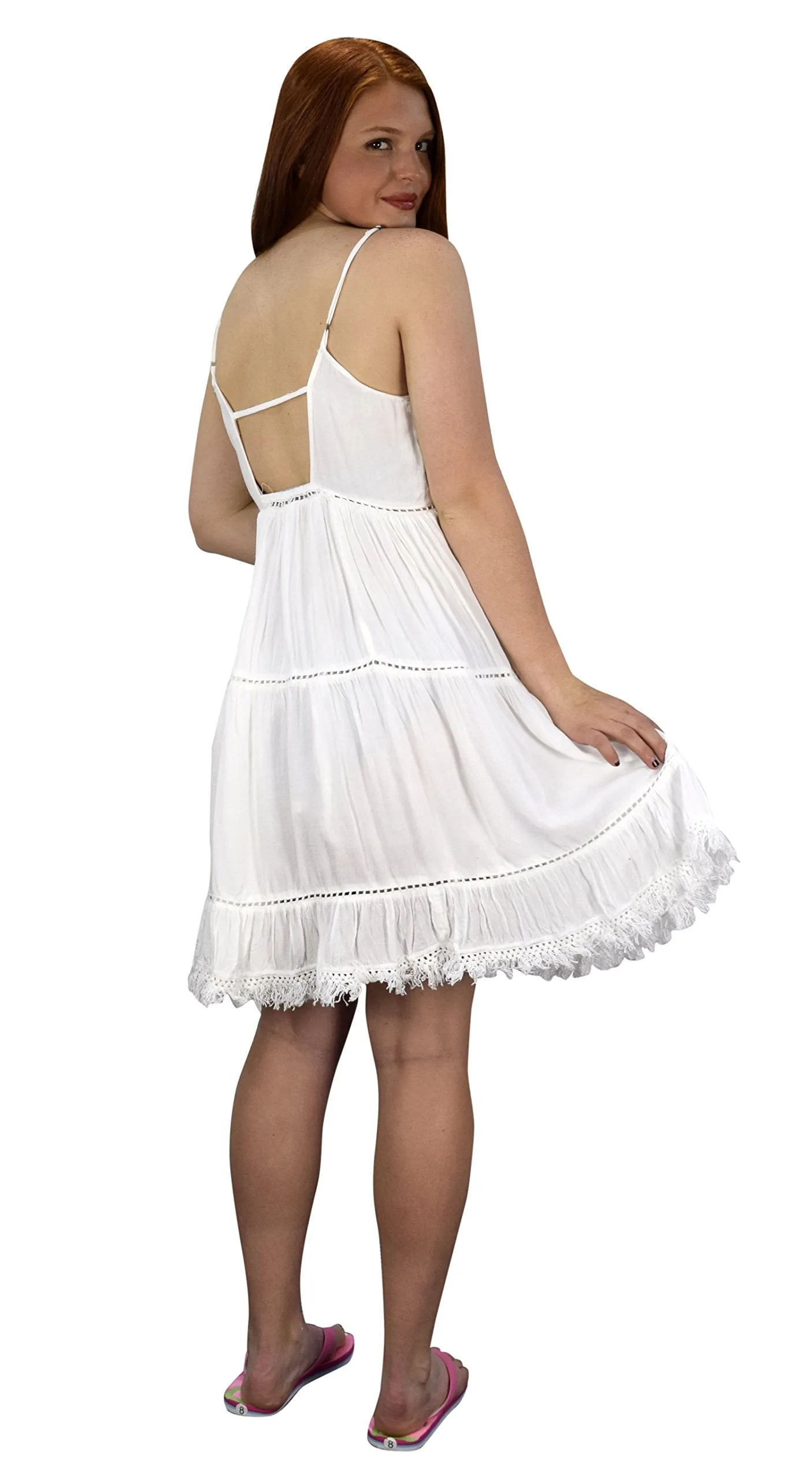 Womens Spaghetti Strap Tiered A Line Dress with Fringed Hem