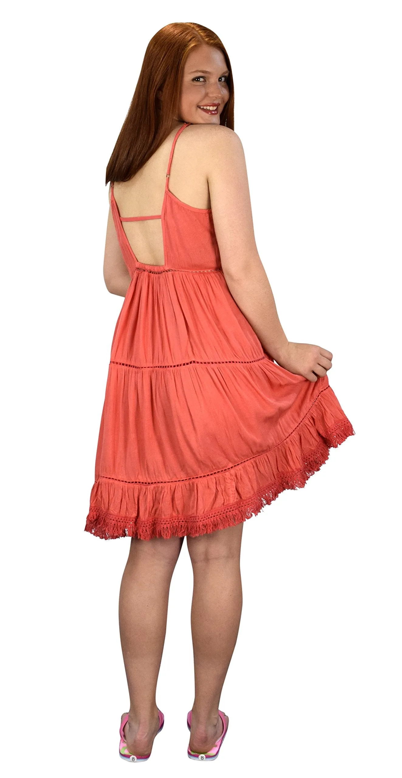 Womens Spaghetti Strap Tiered A Line Dress with Fringed Hem