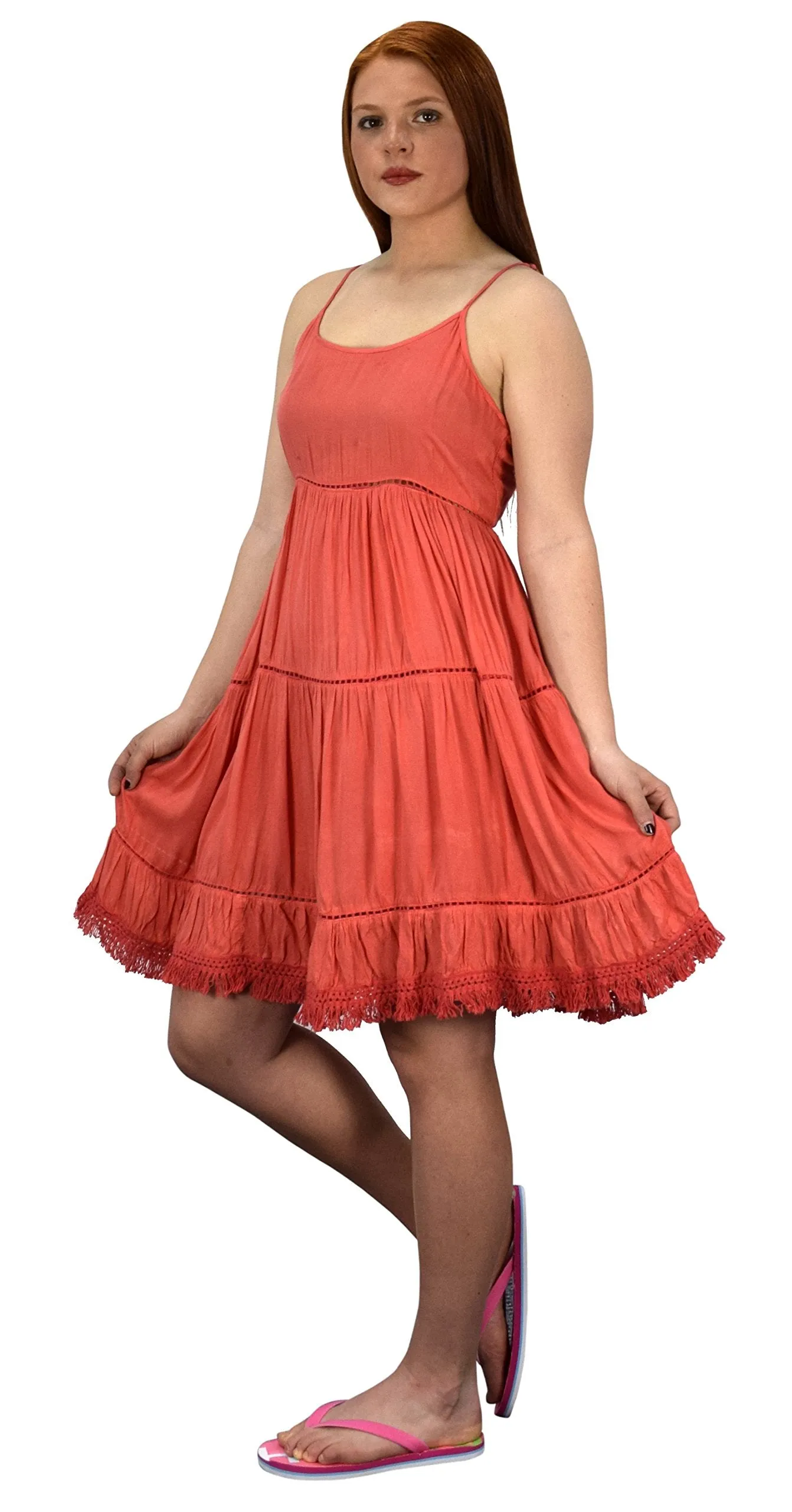 Womens Spaghetti Strap Tiered A Line Dress with Fringed Hem