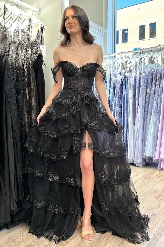 Yaiiua | Black Off the Shoulder Lace Appliques Tiered Prom Dress with Slit